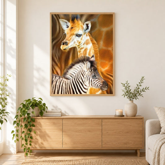 Baby Giraffe & Zebra als gerahmtes Diamond Painting im Wohnzimmer