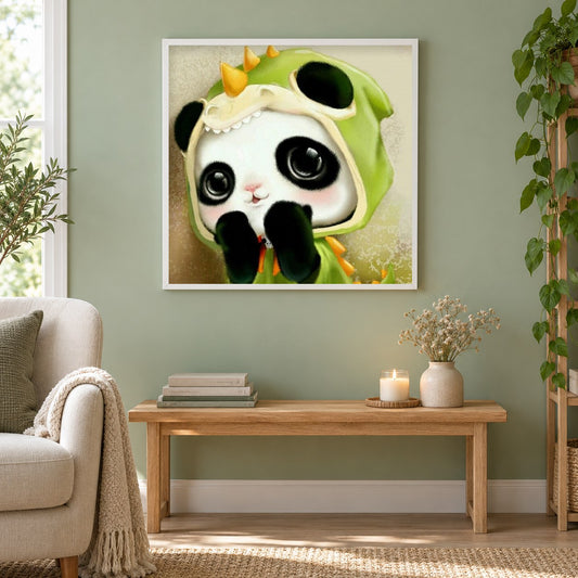 Baby Panda Karikatur als gerahmtes Diamond Painting im Wohnzimmer