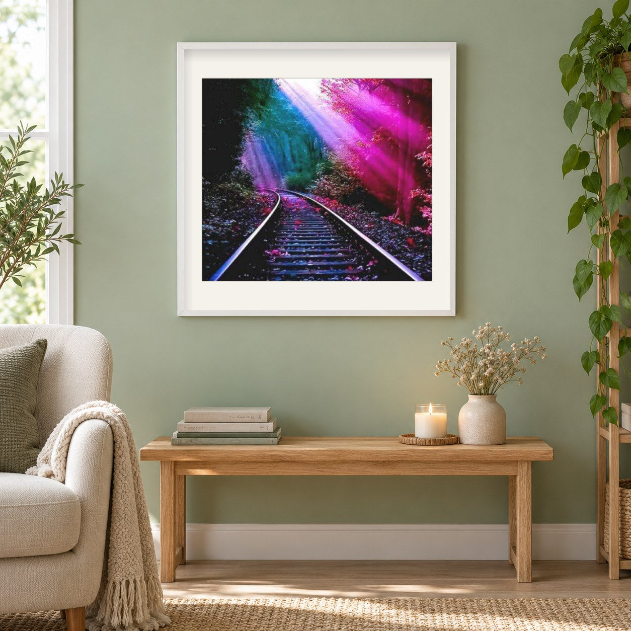 Bahngleis als gerahmtes Diamond Painting im Wohnzimmer