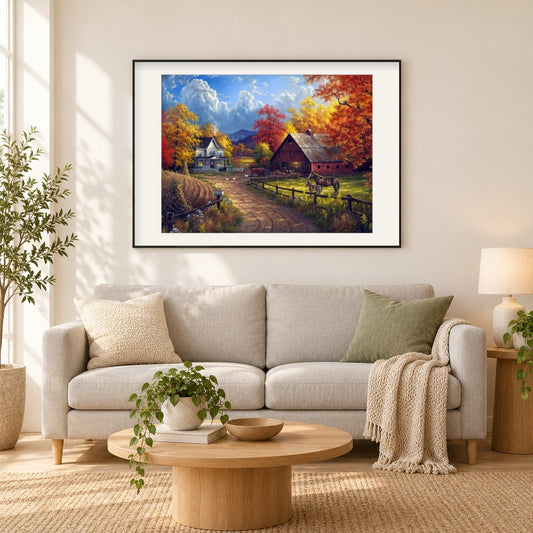 Bauernhof Bild malen von Diamanten als gerahmtes Diamond Painting im Wohnzimmer