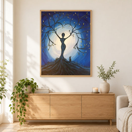 Baumdame als gerahmtes Diamond Painting im Wohnzimmer