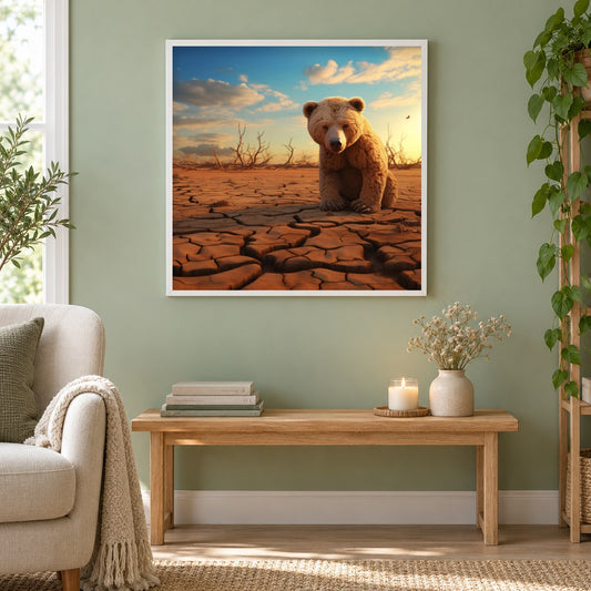 Bär in der Wüste als gerahmtes Diamond Painting im Wohnzimmer