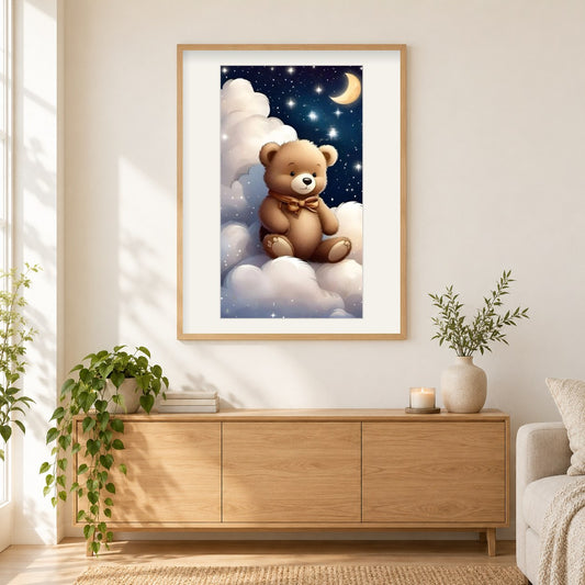 Bärenspielzeit in den Wolken als gerahmtes Diamond Painting im Wohnzimmer