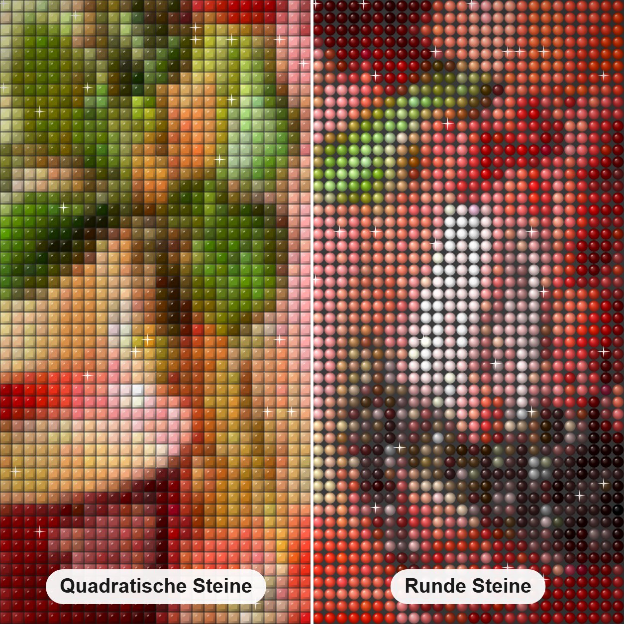 Beeren & Morgentee Diamond Painting Nahaufnahme mit quadratischen und runden Steinen