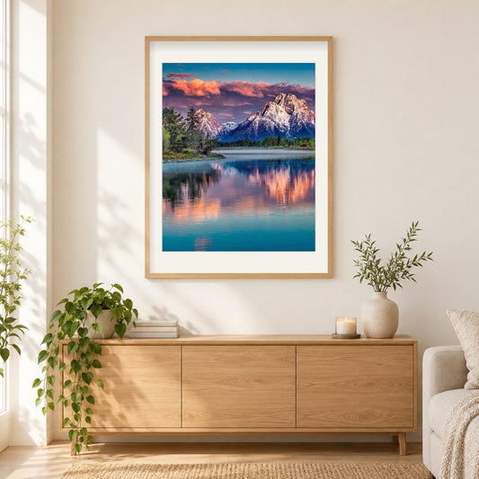 Berge & Fluss als gerahmtes Diamond Painting im Wohnzimmer