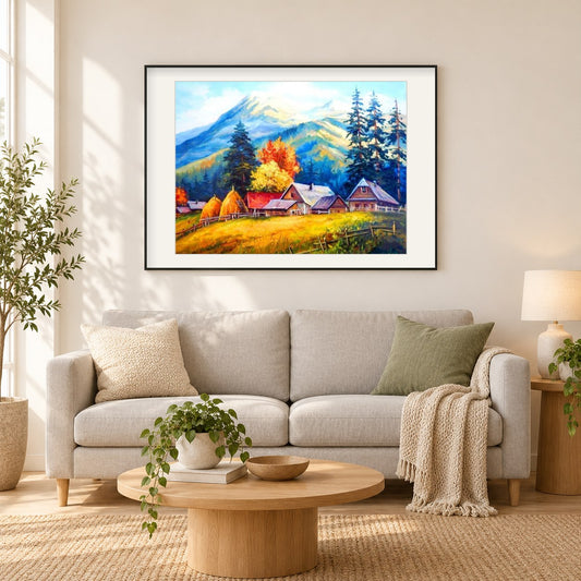Berge & Häuser als gerahmtes Diamond Painting im Wohnzimmer