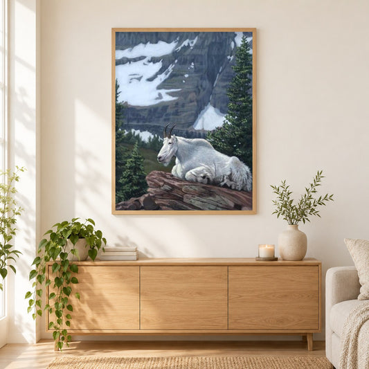 Bergziege -Diamant-Mal-Kit als gerahmtes Diamond Painting im Wohnzimmer