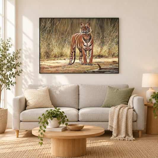 Bhoka Tiger - Kunst des Eric Wilson als gerahmtes Diamond Painting im Wohnzimmer