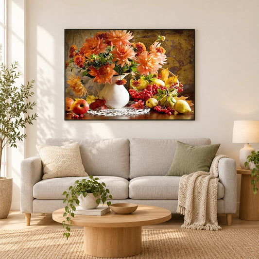 Birnen, Äpfel und Blumenvase als gerahmtes Diamond Painting im Wohnzimmer