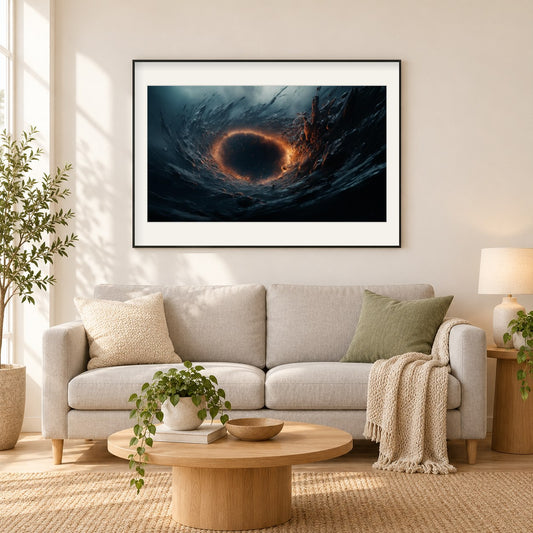Schwarzes Loch als gerahmtes Diamond Painting im Wohnzimmer