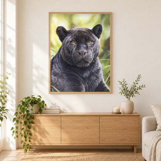 Schwarzer Panther - Kunst des Eric Wilson als gerahmtes Diamond Painting im Wohnzimmer