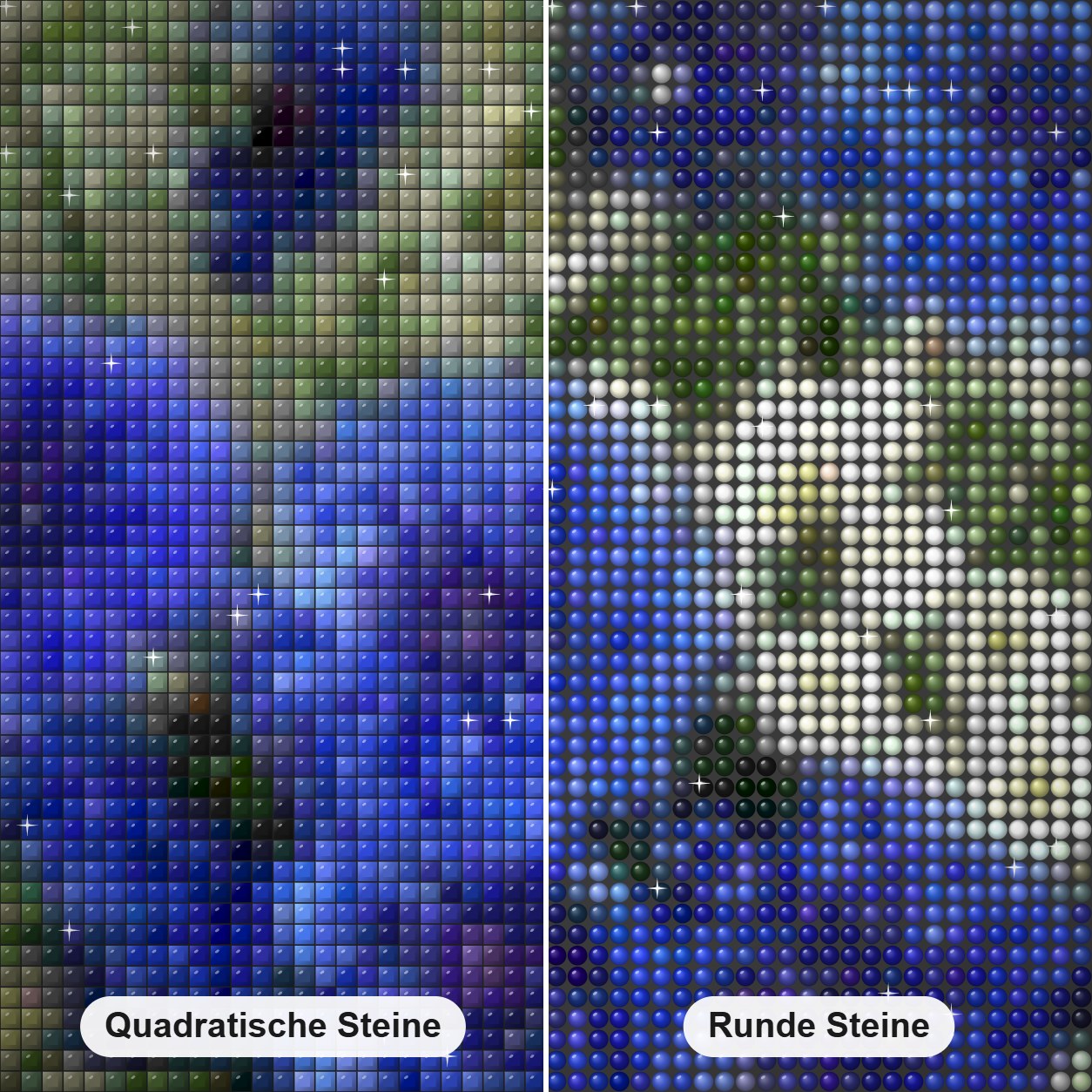 Blaue Blumen Diamond Painting Nahaufnahme mit quadratischen und runden Steinen