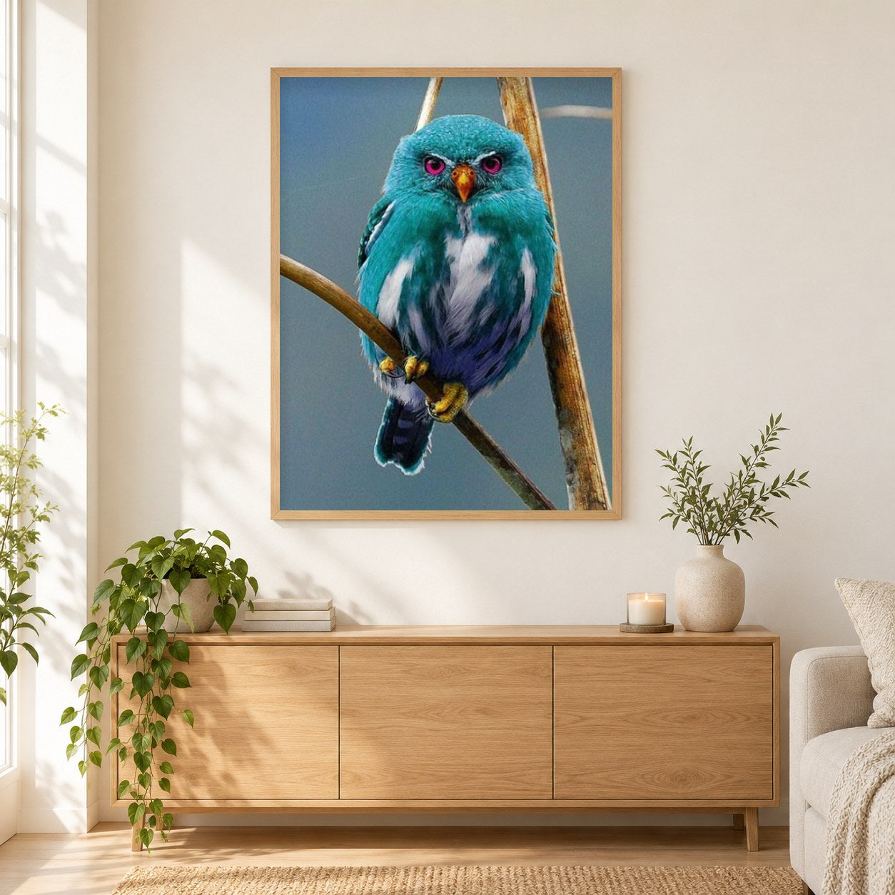 Blaue Eule von Madagaskar als gerahmtes Diamond Painting im Wohnzimmer