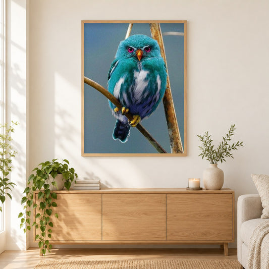 Blaue Eule von Madagaskar als gerahmtes Diamond Painting im Wohnzimmer