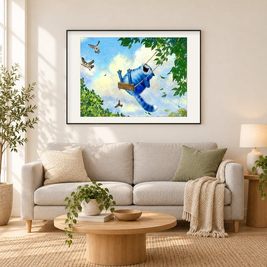 Blaue Katze auf Schaukel als gerahmtes Diamond Painting im Wohnzimmer