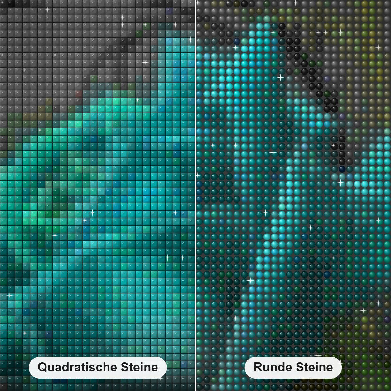 blaue Rose Diamond Painting Nahaufnahme mit quadratischen und runden Steinen