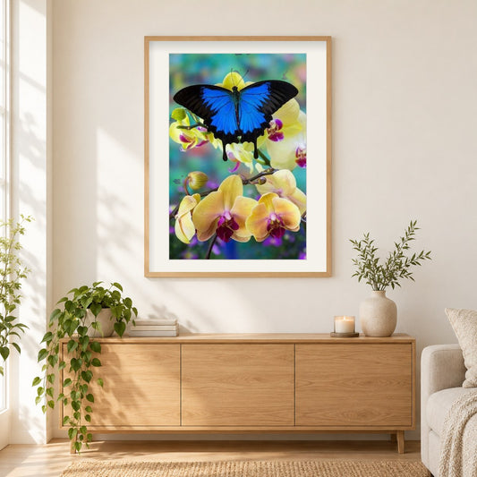 Blauer Berg-Schwalbenschwanz-Schmetterling als gerahmtes Diamond Painting im Wohnzimmer