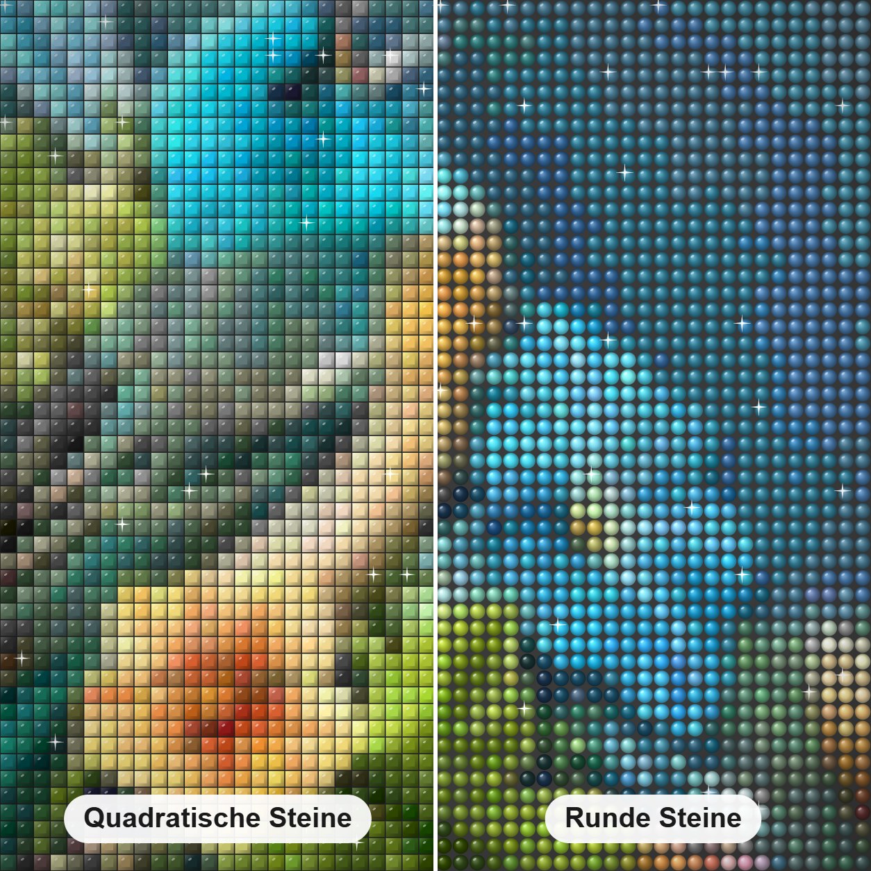 Blauer Spatz & Blumen Diamond Painting Nahaufnahme mit quadratischen und runden Steinen