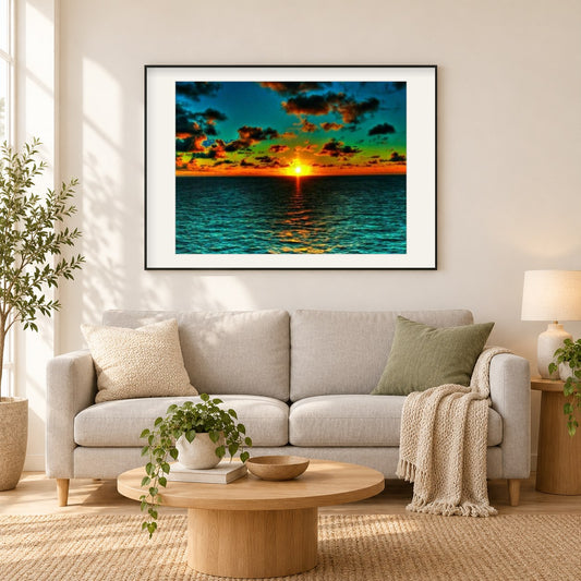 Blaues Meer und Sonnenuntergang als gerahmtes Diamond Painting im Wohnzimmer