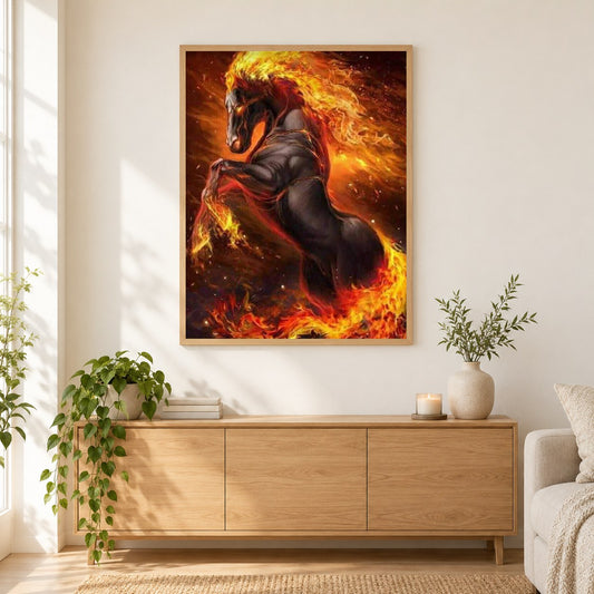 Blazing Pferd als gerahmtes Diamond Painting im Wohnzimmer