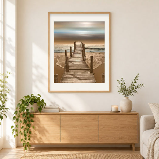 Blick auf den Strand und Sonnenuntergang DIY Painting als gerahmtes Diamond Painting im Wohnzimmer