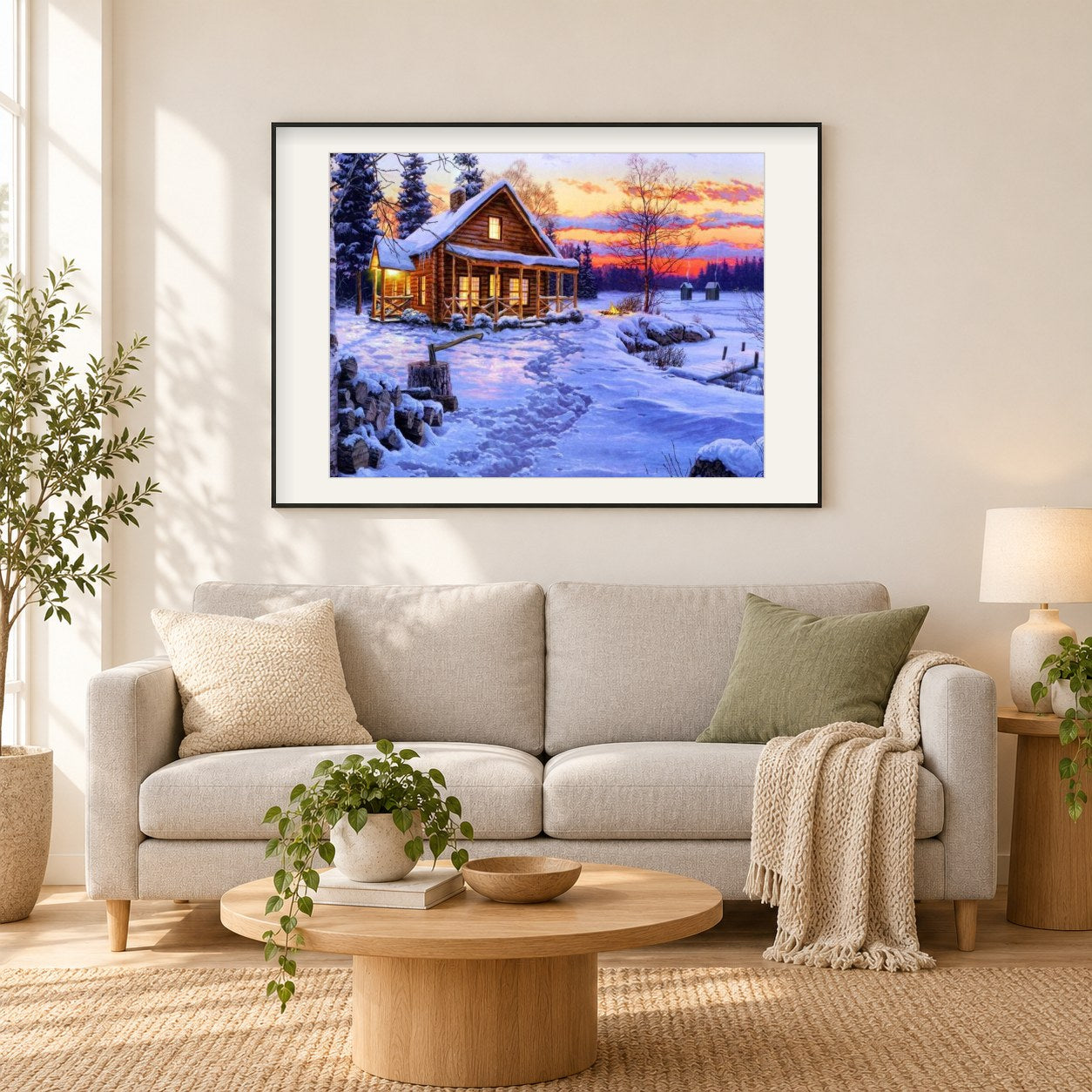 Blockhaus im Schnee als gerahmtes Diamond Painting im Wohnzimmer
