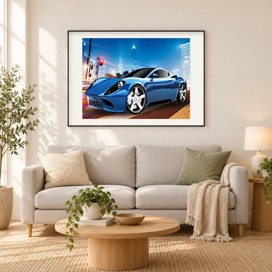 Blauer Dino-Sportwagen als gerahmtes Diamond Painting im Wohnzimmer
