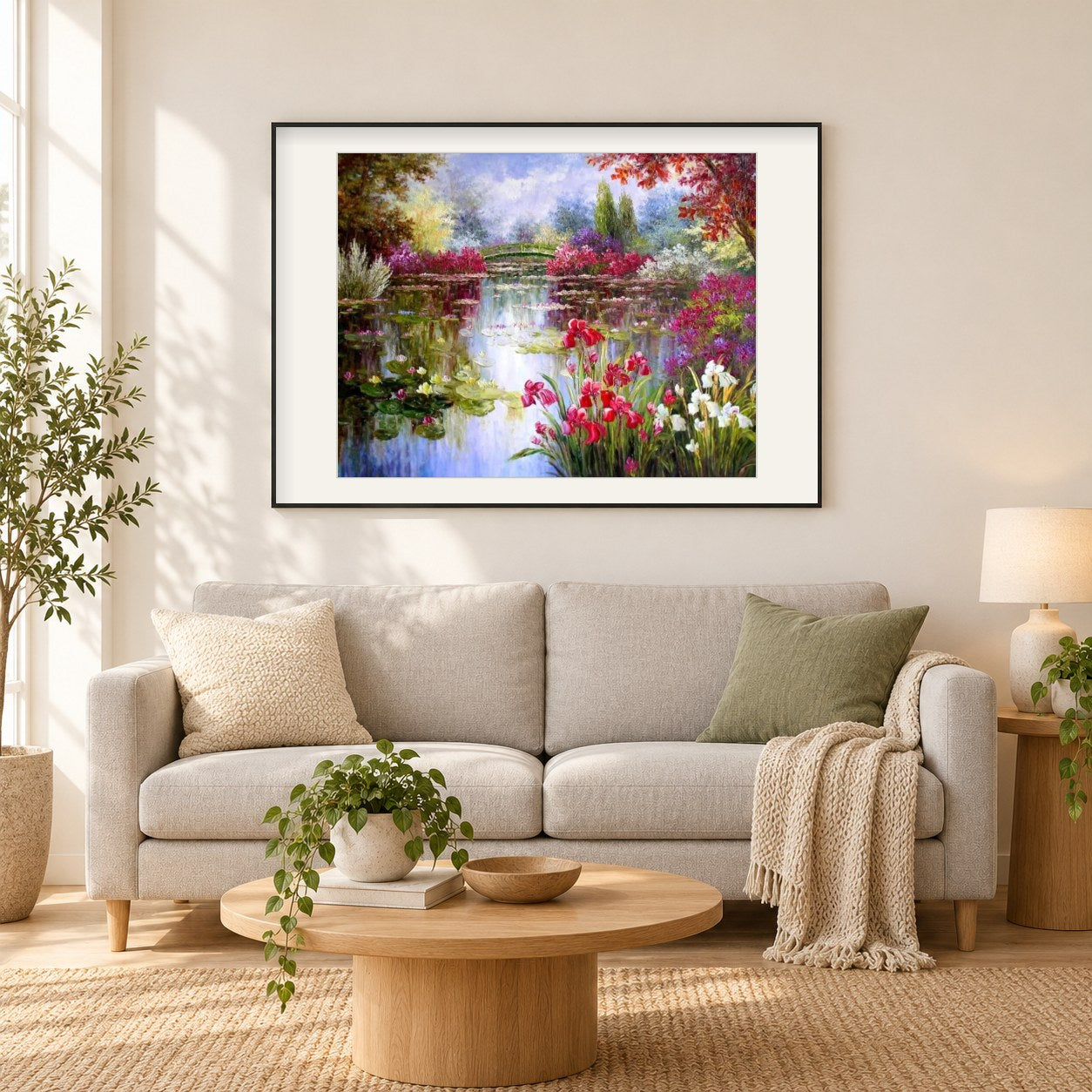 Blumen am See DIY Painting Kit als gerahmtes Diamond Painting im Wohnzimmer