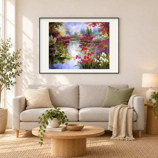 Blumen am See DIY Painting Kit als gerahmtes Diamond Painting im Wohnzimmer