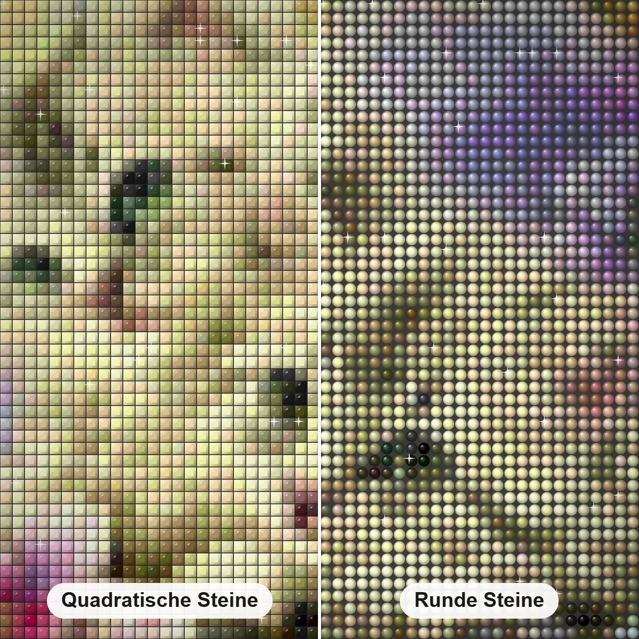 Blumen & Kätzchen im Korb Diamond Painting Nahaufnahme mit quadratischen und runden Steinen