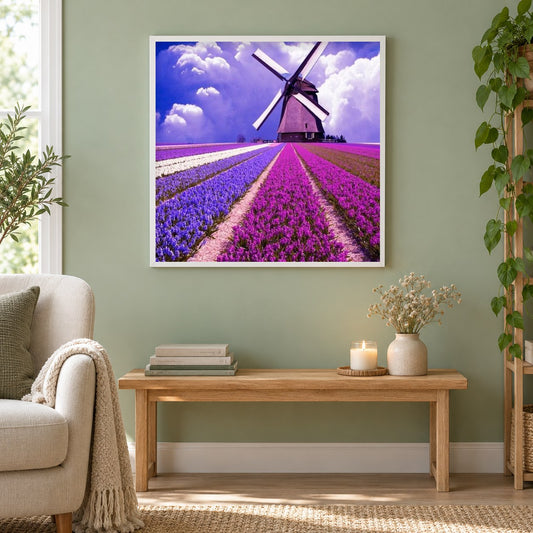 Blumenfeld Landschaft als gerahmtes Diamond Painting im Wohnzimmer
