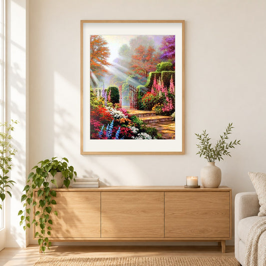 Blumengarten als gerahmtes Diamond Painting im Wohnzimmer