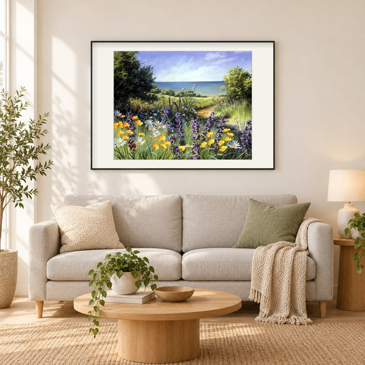 Blumenwiesen als gerahmtes Diamond Painting im Wohnzimmer