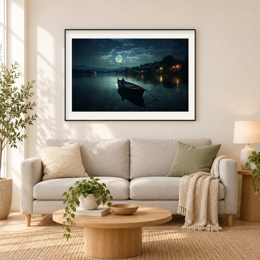 Boot auf dem Meer, Gemälde von Diamanten als gerahmtes Diamond Painting im Wohnzimmer