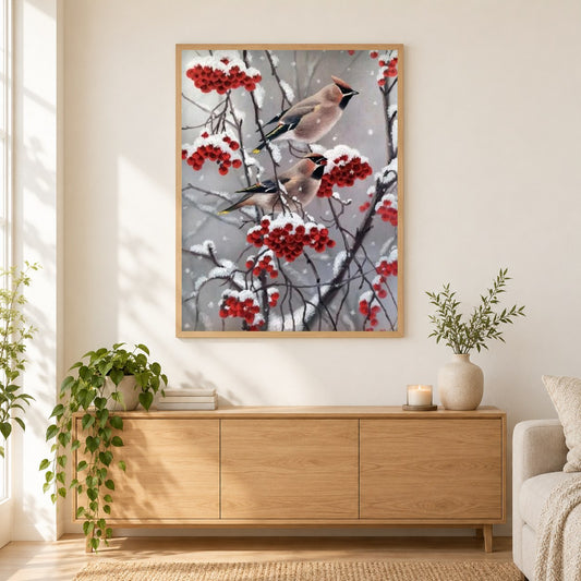 Bohemian waxwing als gerahmtes Diamond Painting im Wohnzimmer