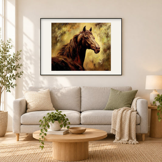 Braunes Pferd als gerahmtes Diamond Painting im Wohnzimmer