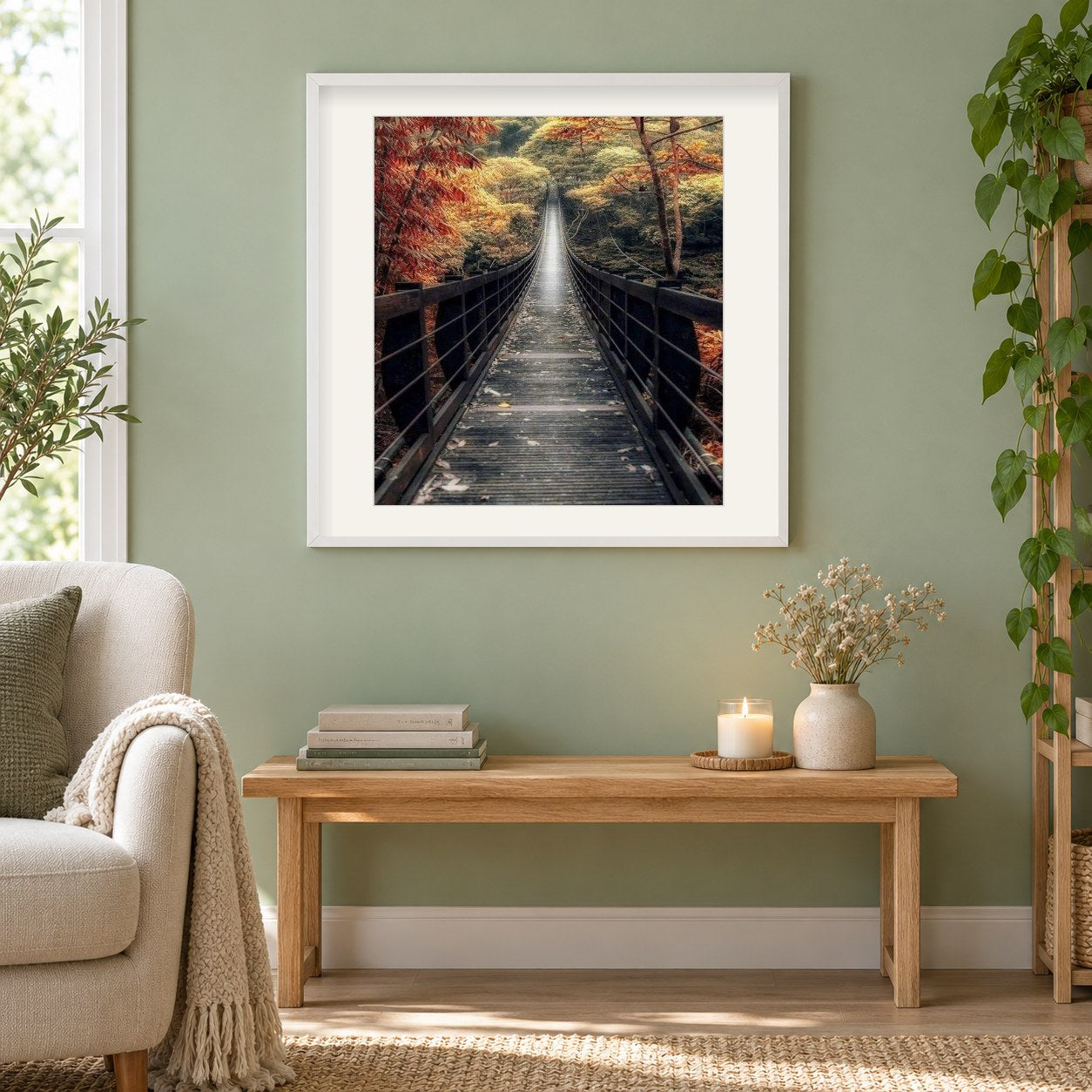 Brückenlandschaft DIY Painting als gerahmtes Diamond Painting im Wohnzimmer