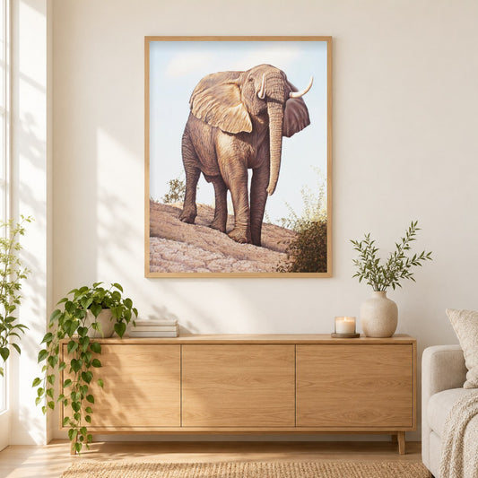 Elefantenbulle Simbabwe -  Kunst des Eric Wilson als gerahmtes Diamond Painting im Wohnzimmer