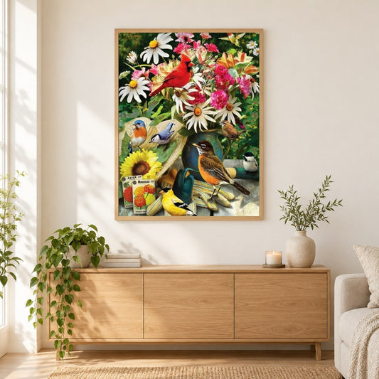 Bunte Blumenvase & schöne Vögel als gerahmtes Diamond Painting im Wohnzimmer