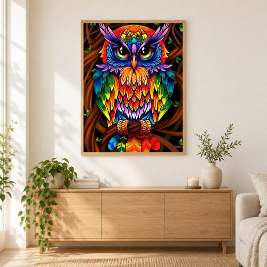 Bunte Eule als gerahmtes Diamond Painting im Wohnzimmer