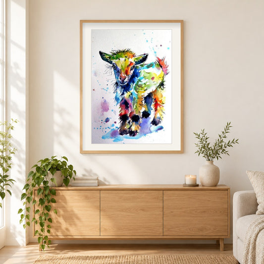 Bunte künstlerische Ziege als gerahmtes Diamond Painting im Wohnzimmer