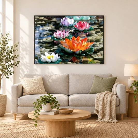 Bunte Lotusblumen als gerahmtes Diamond Painting im Wohnzimmer