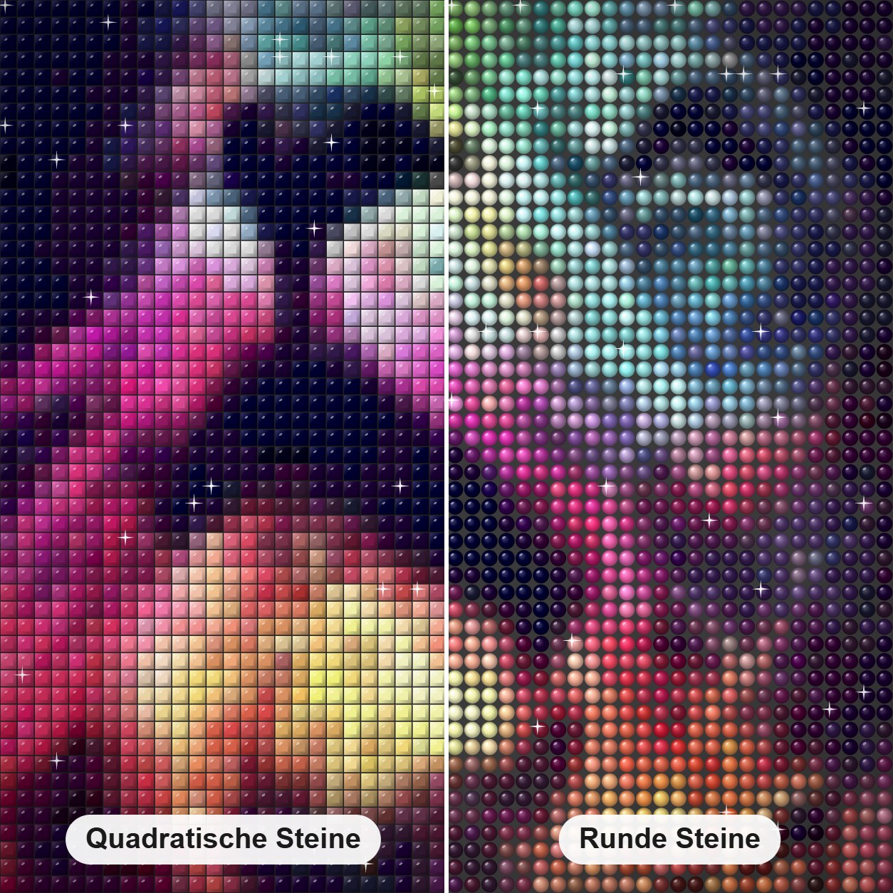 Bunte Löwenkunst Diamond Painting Nahaufnahme mit quadratischen und runden Steinen