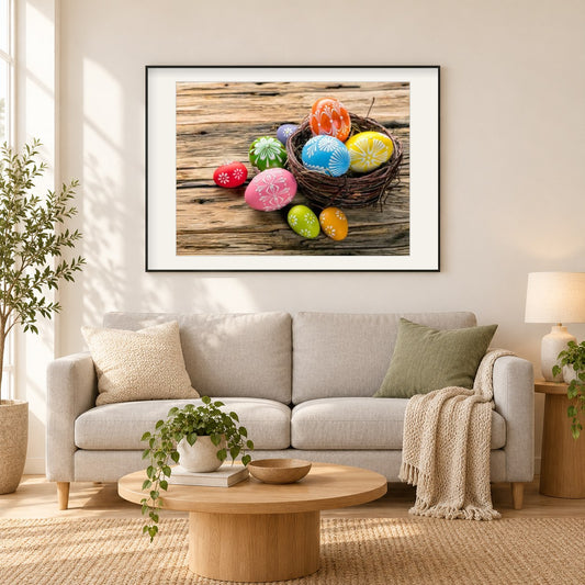 Bunte Ostereier als gerahmtes Diamond Painting im Wohnzimmer
