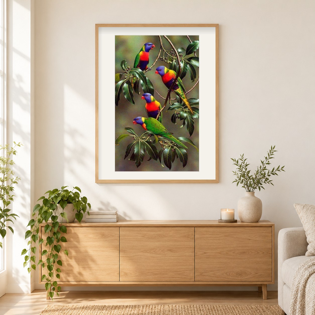 Bunte Papageien auf Ästen als gerahmtes Diamond Painting im Wohnzimmer