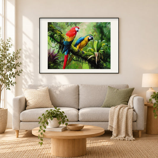 Bunte Papageien im Wald als gerahmtes Diamond Painting im Wohnzimmer