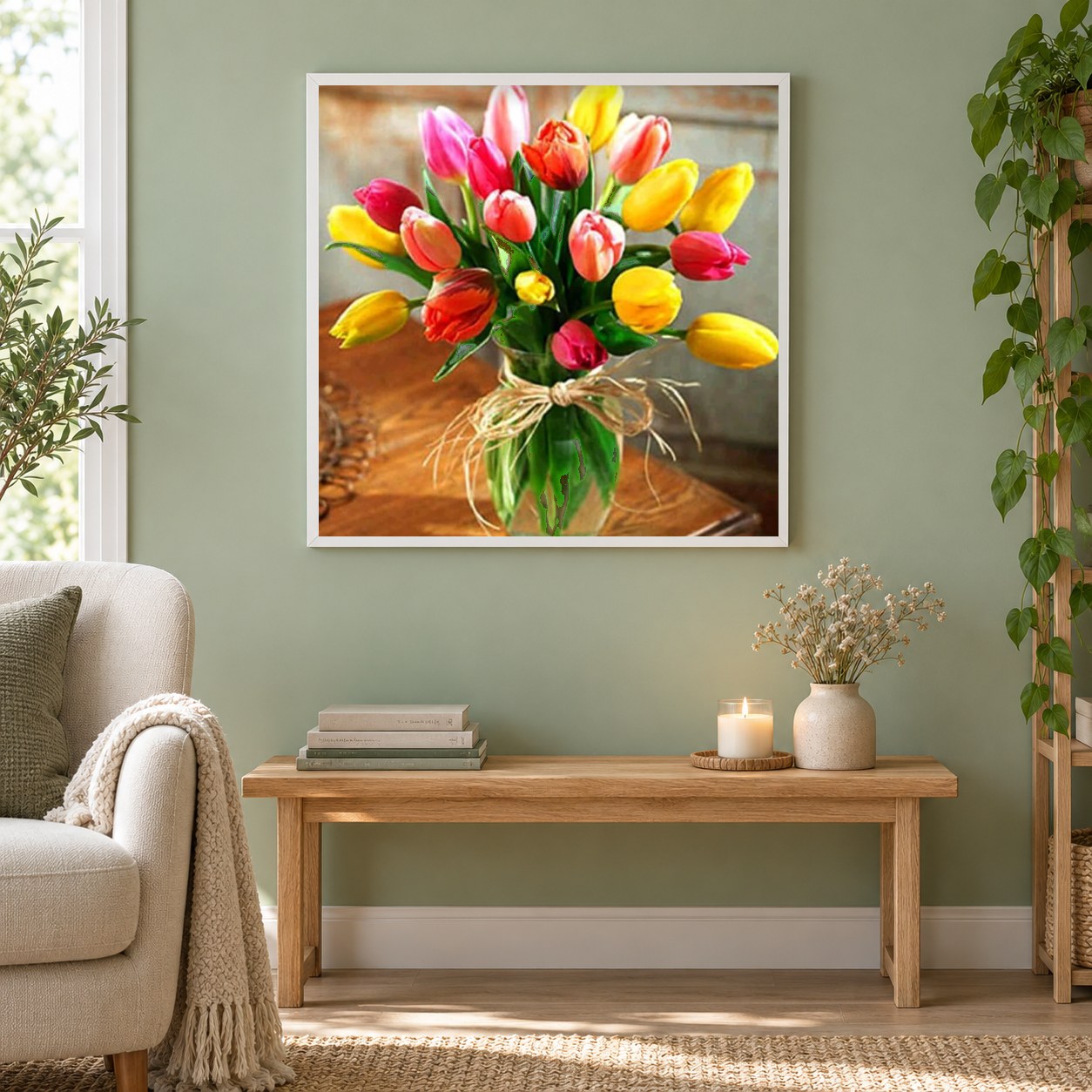 Bunte Tulpen als gerahmtes Diamond Painting im Wohnzimmer