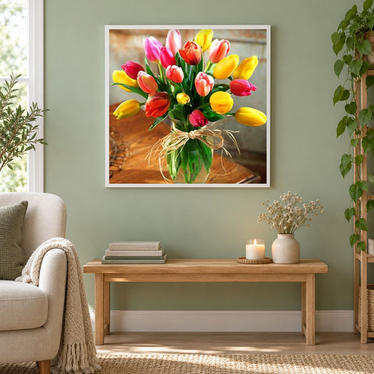 Bunte Tulpen als gerahmtes Diamond Painting im Wohnzimmer