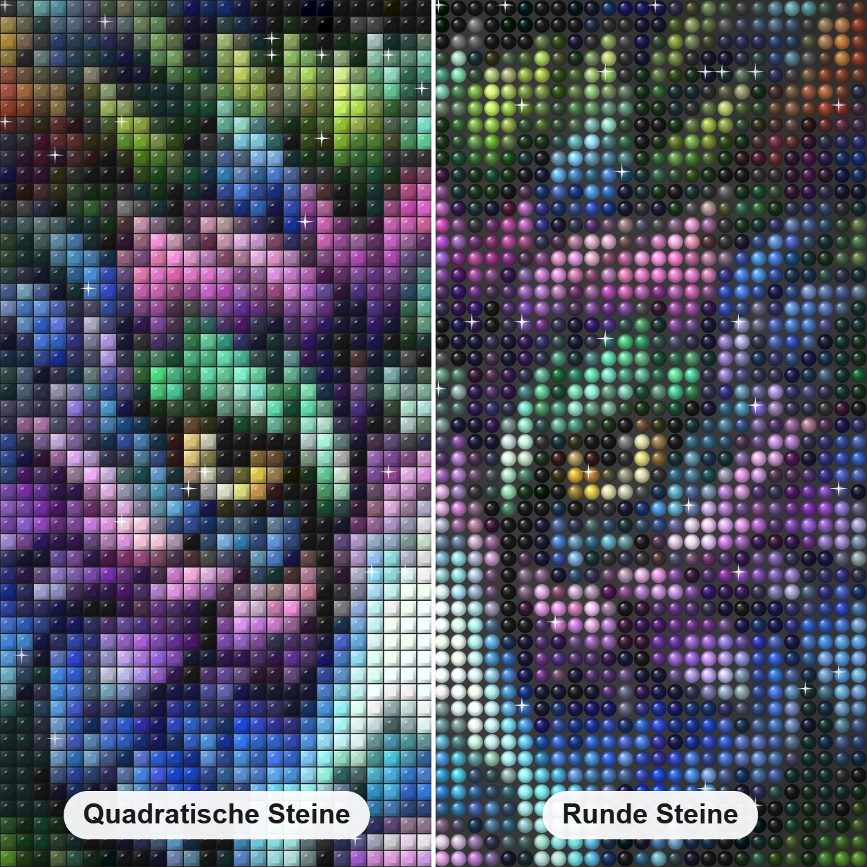 bunte Wolfsfarbe  malen mit diamant Diamond Painting Nahaufnahme mit quadratischen und runden Steinen