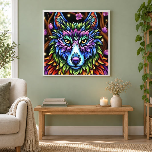 bunte Wolfsfarbe malen mit diamant als gerahmtes Diamond Painting im Wohnzimmer